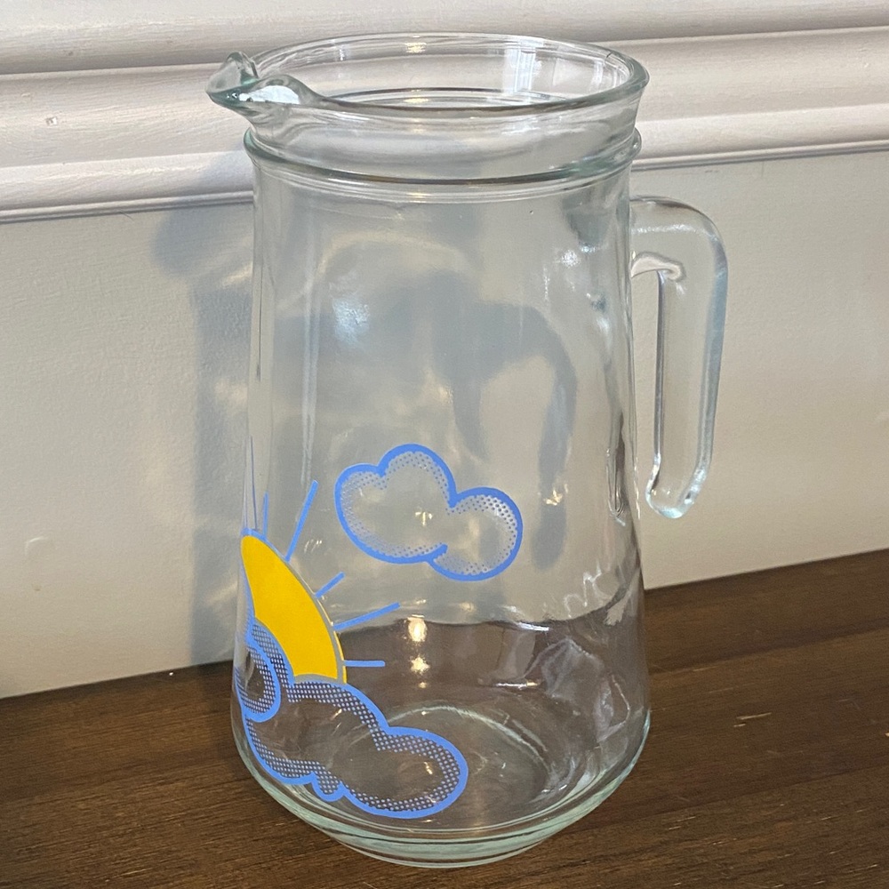 Vintage Glass Pitcher with Sun and Cloud Design